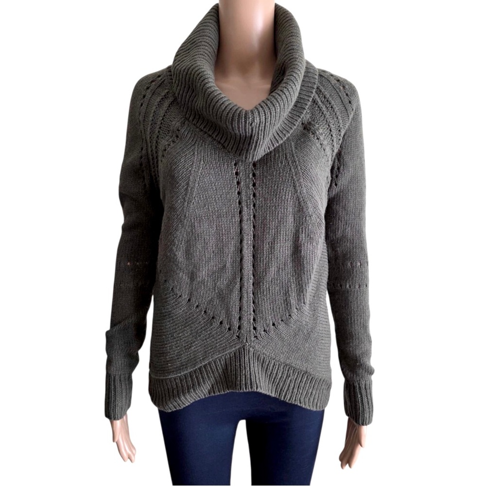 LOFT Wool Blend Cowlneck Green High Low Pointelle Knit Sweater Size Small